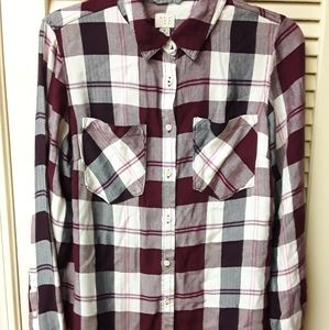 Plaid Button Up Red Striped Boho boyfriend Shirt M